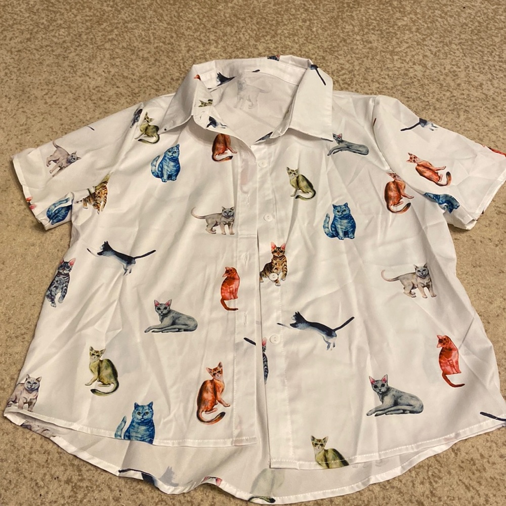 Cat Print High Low Hem Button Through Shirt
